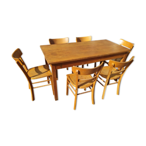 ensemble de 6 chaises avec 1 table de bistrot ferme en bois Année 50 - 60