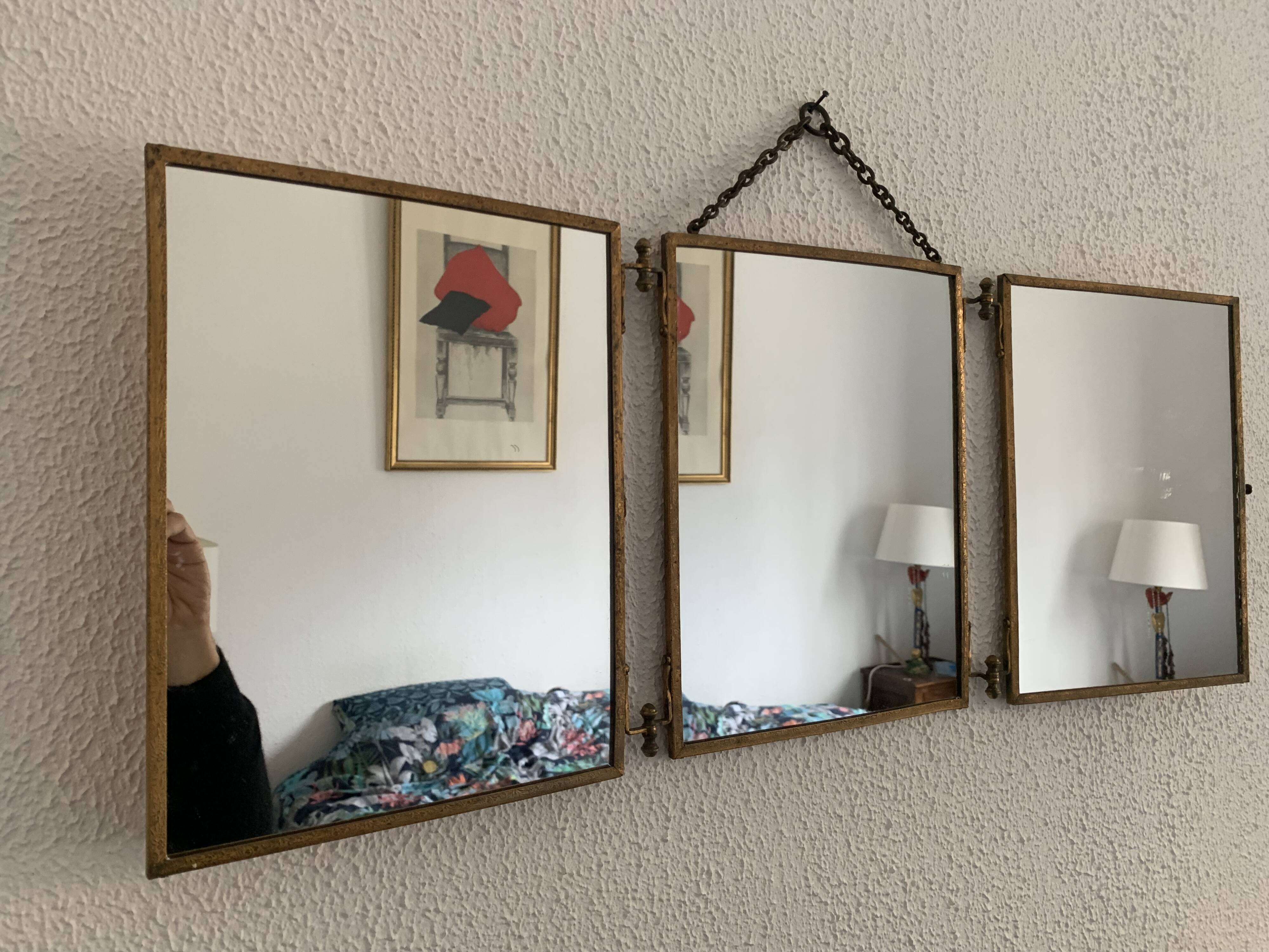 Vintage mirror 1900 triptych barber dressing table brass - 27 x 70 cm