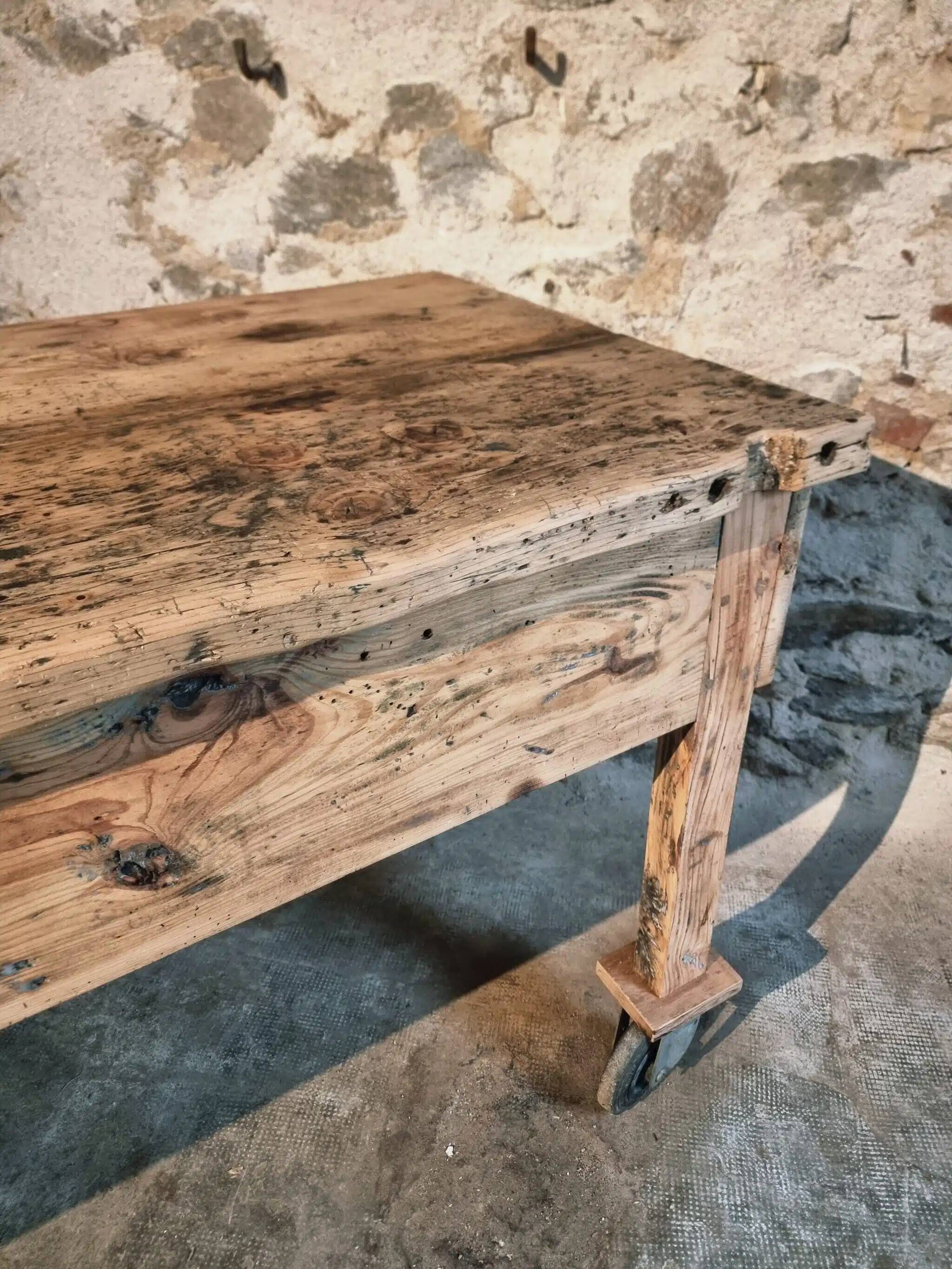 Vintage French pine work table, 1930s industrial kitchen island with drawer and casters
