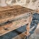 Vintage French pine work table, 1930s industrial kitchen island with drawer and casters