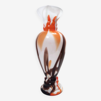 Vase postmoderne en verre de Murano blanc, orange et marron par Carlo Moretti, Italie