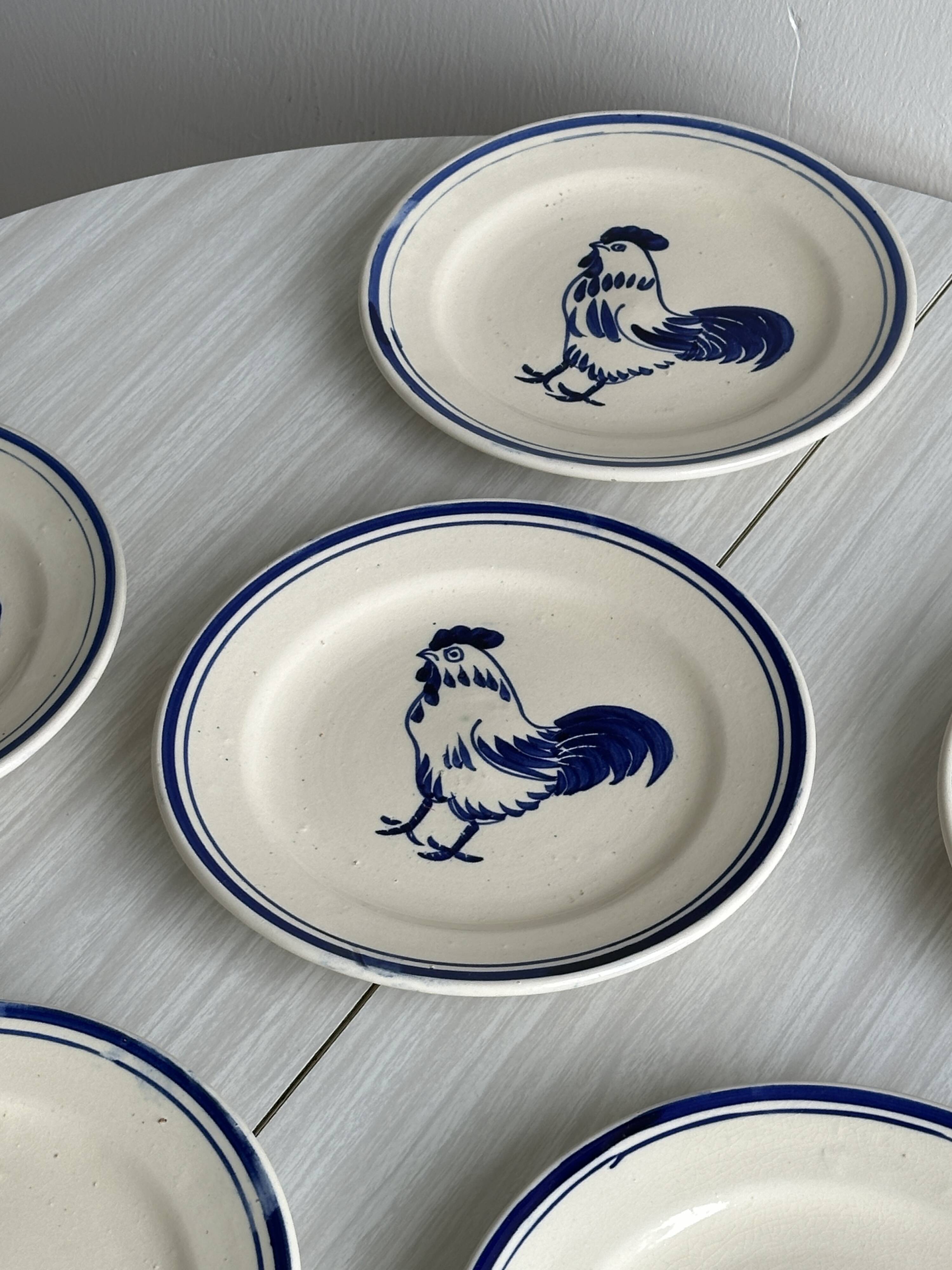 Set of 6 hand painted plates with rooster motif