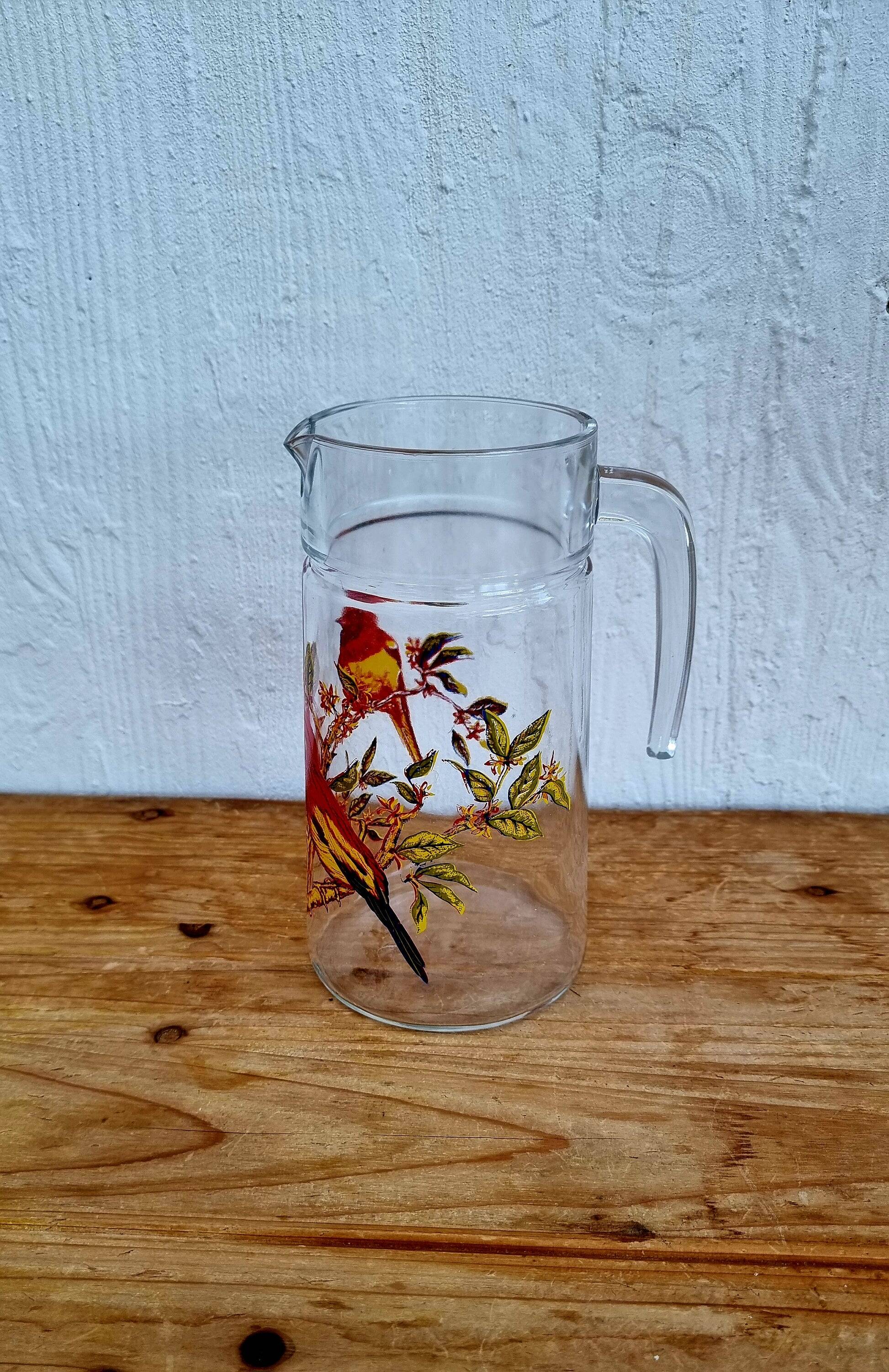 Vintage 1970s orangeade set with a jug and 8 glasses decorated with birds.