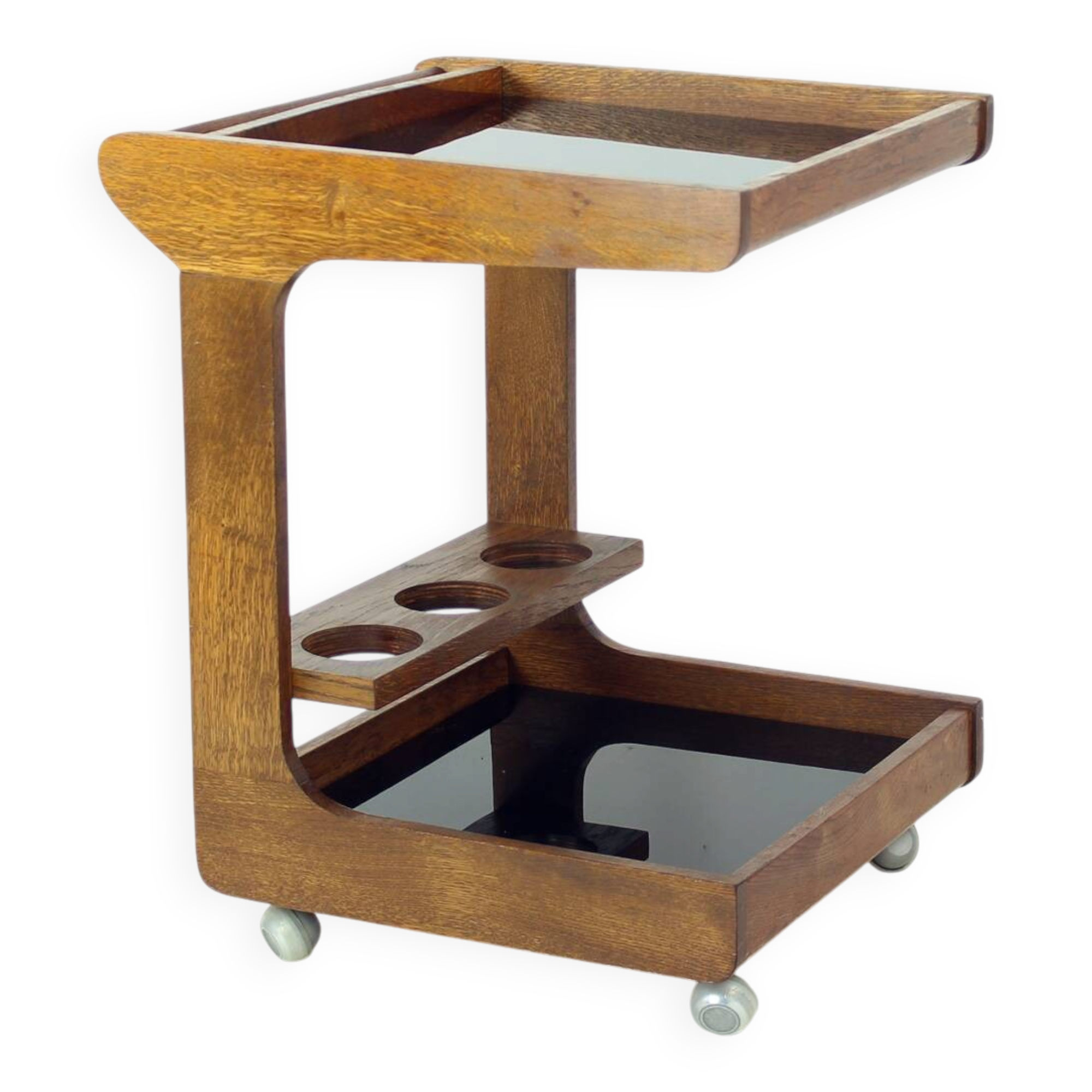 Mid Century Modern Wooden Bar Cart With Black Opaline Glass, 1960s