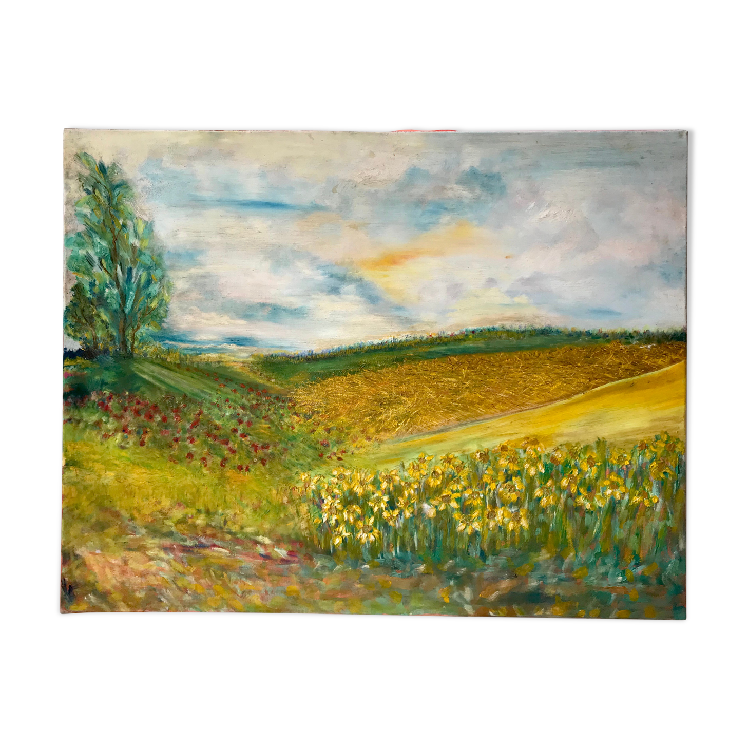 Old oil painting on landscape canvas