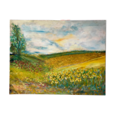 Old oil painting on landscape canvas