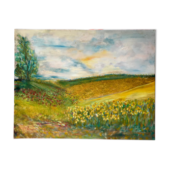 Old oil painting on landscape canvas