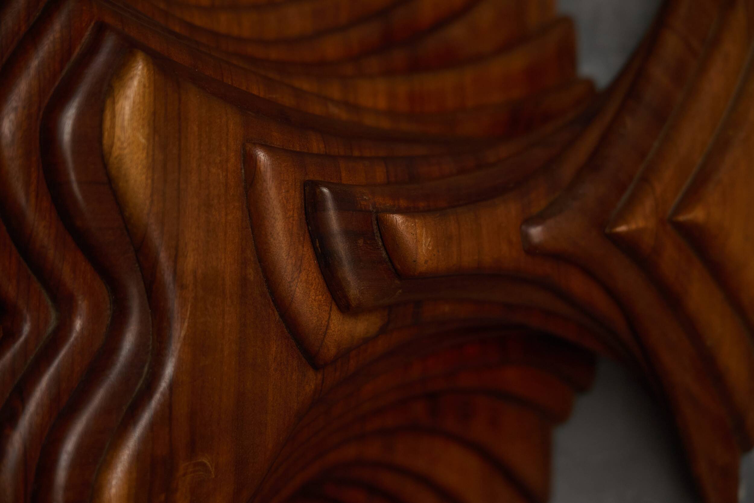 Sculptural carved wooden mask wall panel, France, 1970s
