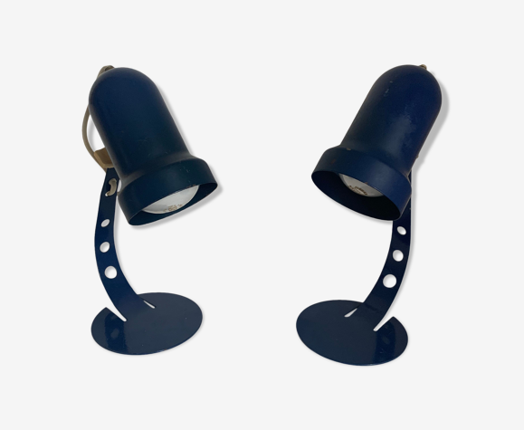 Paire lampes vintage 1970 chevet métal bleu Klein Italy - 25 x 8 cm