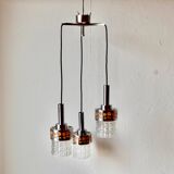 Triple vintage pendant light in molded glass, chrome metal and orange plastic - Space Age Design