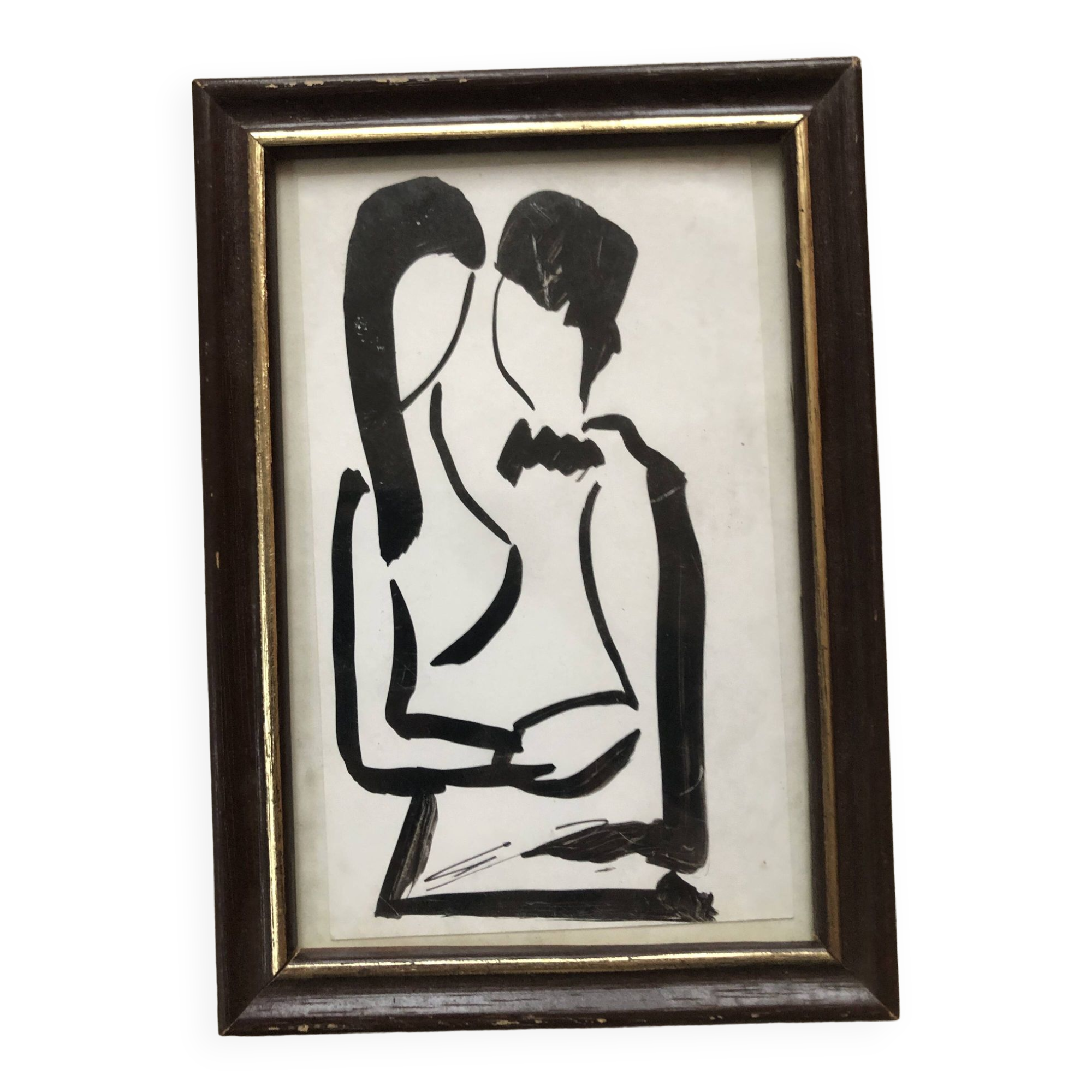 Black oil painting: loving couple embraced signed godeau 1989, figurative style, framed