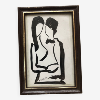 Peinture à l'huile noire : couple d'amoureux enlaces signé godeau 1989, style figuratif, encadré