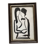 Black oil painting: loving couple embraced signed godeau 1989, figurative style, framed