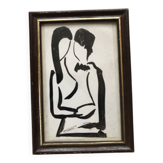 Black oil painting: loving couple embraced signed godeau 1989, figurative style, framed