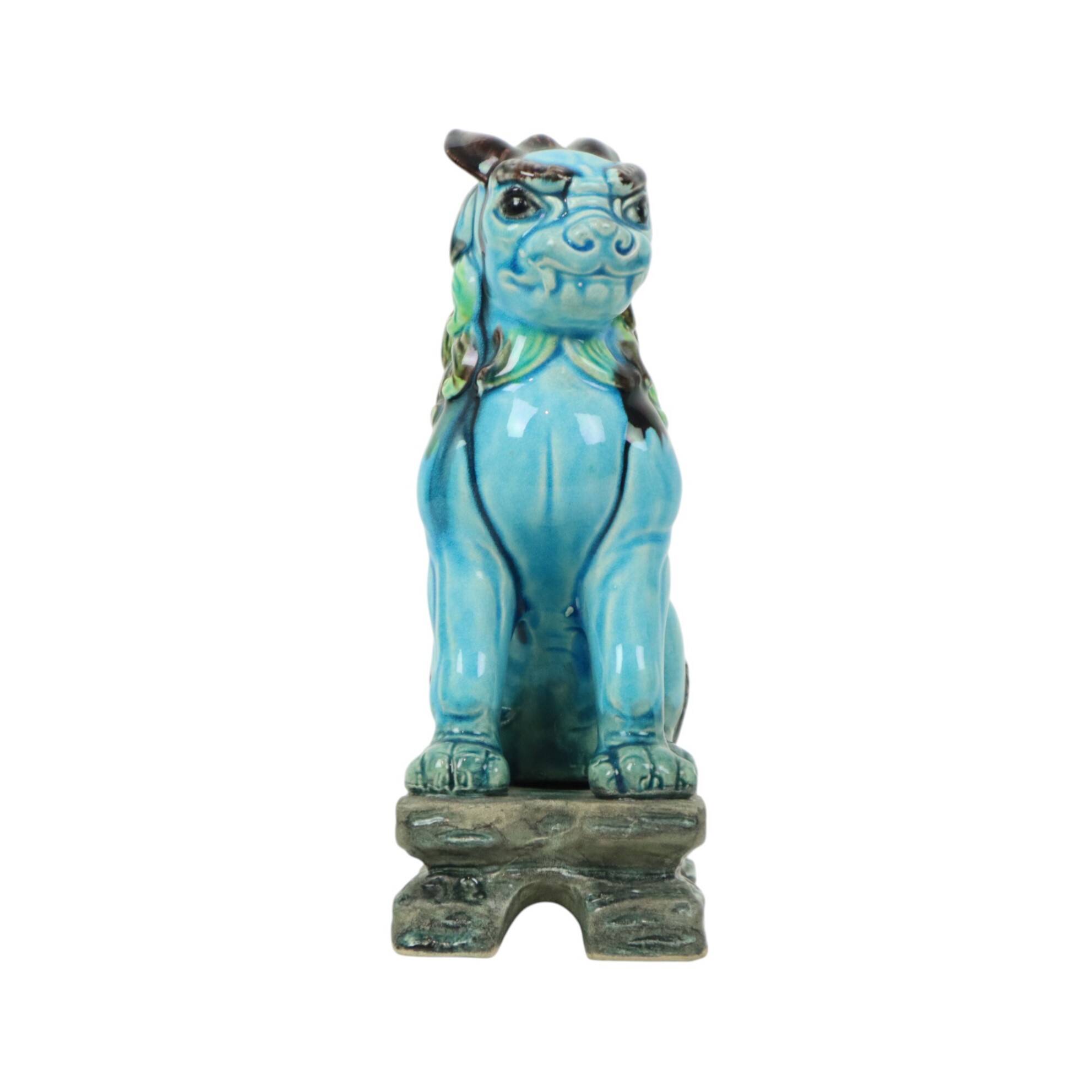 Vintage Chinese Komainu Guardian Lion Foo Dog Blue 19cm