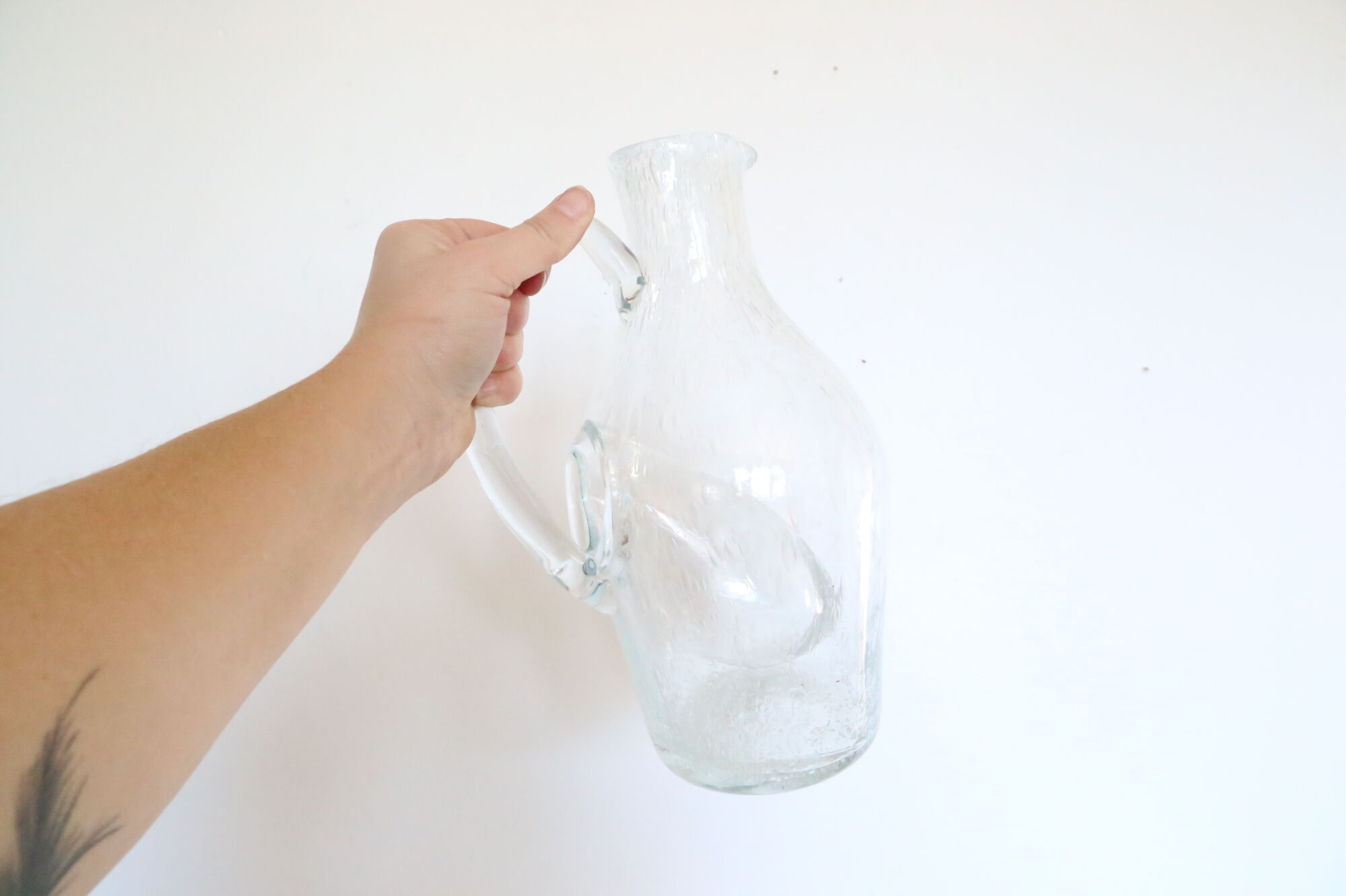 Bubbled glass pitcher with ice tank, handcrafted, French vintag manufacturing
