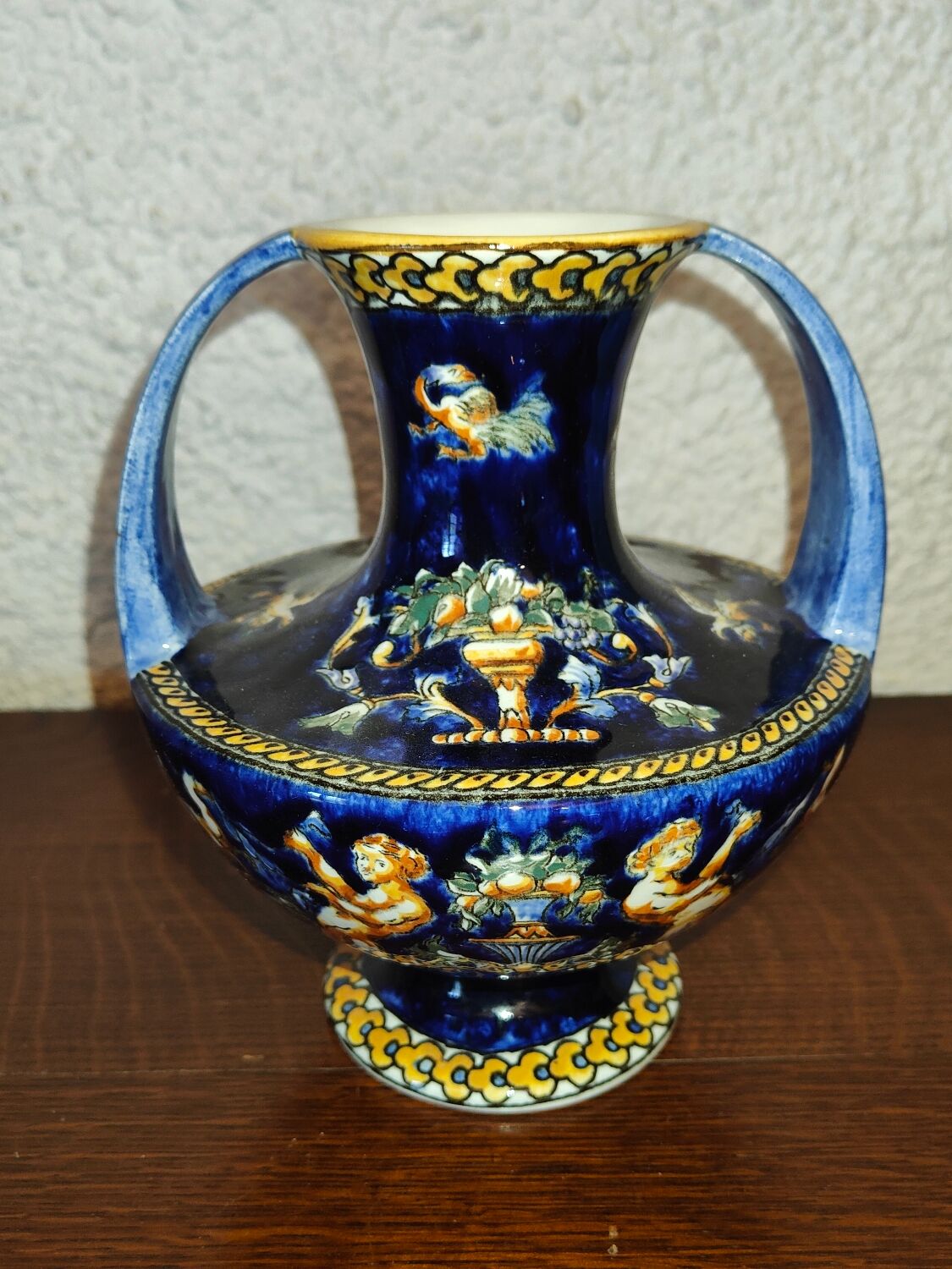 Vase with 2 polychrome handles in Gien earthenware France with Renaissance decoration 1938