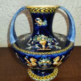 Vase with 2 polychrome handles in Gien earthenware France with Renaissance decoration 1938