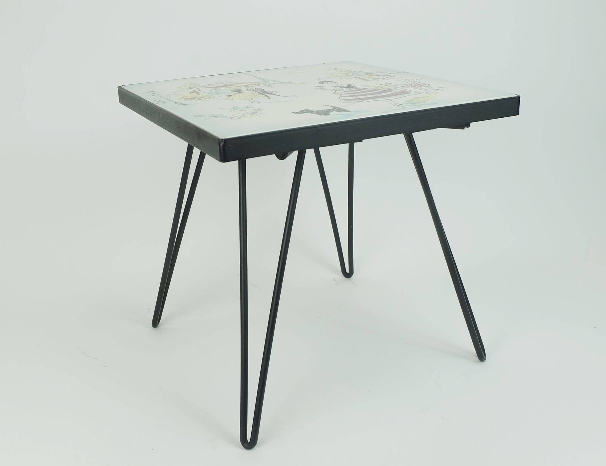 Plant stand with ceramic tile top paris motif metal frame hairpin legs 50s