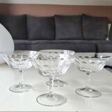 Lot.4. x Cut crystal champagne glasses. Baccarat style. Scale patterns. Multifaceted hexagonal foot