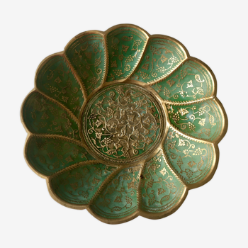 Trinket bowl floral pattern in green and gold metal