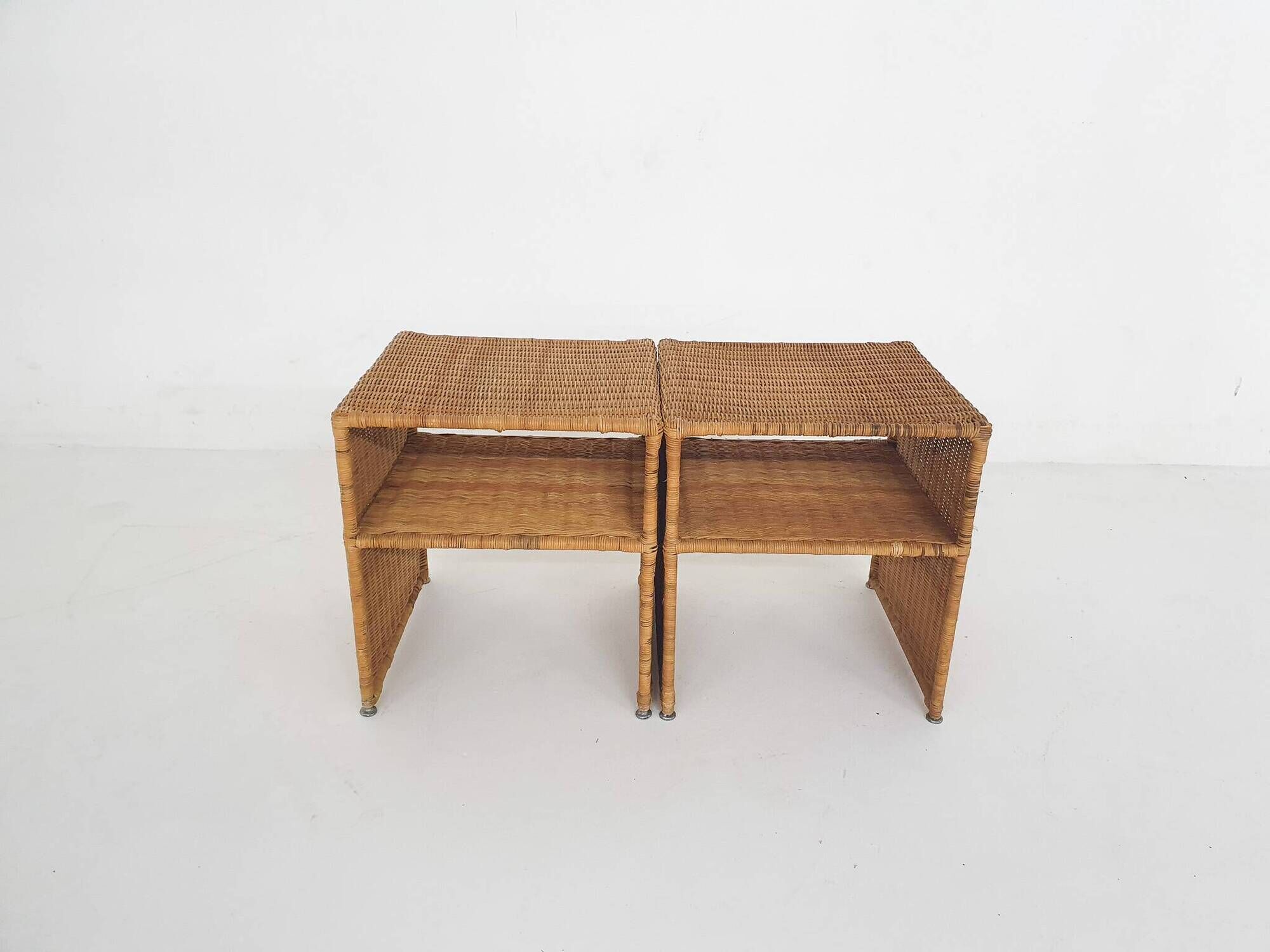 Set of two wicker bed side tables, France 1960's