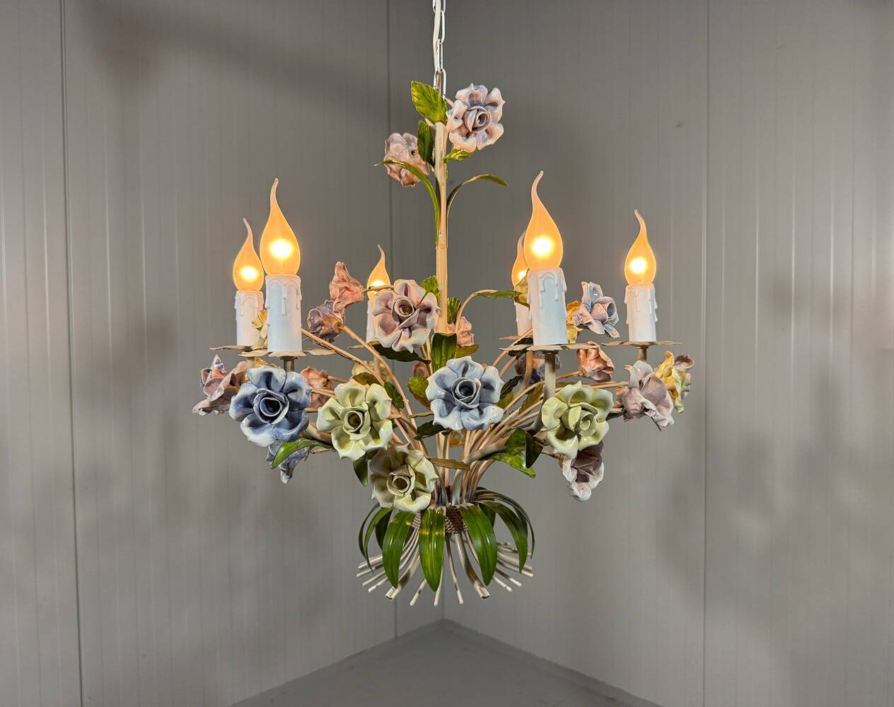 Italian tole chandelier porcelain flowers 1950’s
