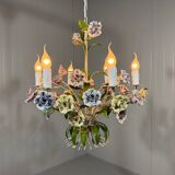 Italian tole chandelier porcelain flowers 1950’s