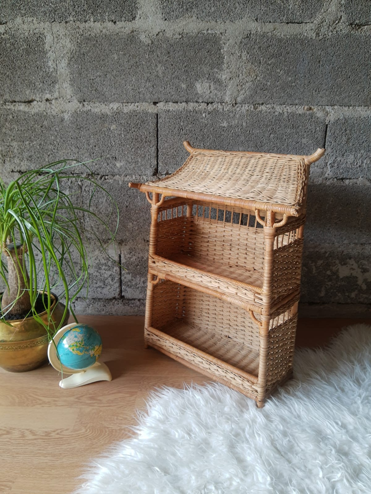 Wall shelf or to be placed in unique Japanese style rattan vintage pagoda