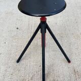Vintage round stool with adjustable screw black and red 1970