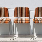 Lot 3 chairs vintage fabric, chrome metal chair, orange/brown/beige wool fabric, retro