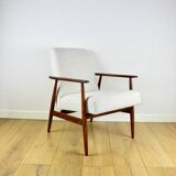 Armchair 'Lis', 1970s, white boucle, design by Henryk Lis - dark wood - 2 pieces available