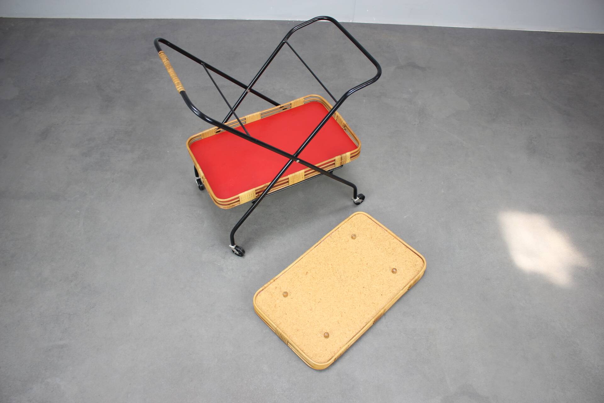 1960s Czechoslovak Mid-Century Folding Bamboo Serving Trolley Bar Cart