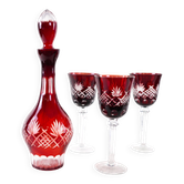 Crystal carafe with glasses in burgundy, European Art Deco style barware set