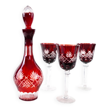 Carafe en cristal avec verres en bourgogne, ensemble de bar de style Art Déco européen.