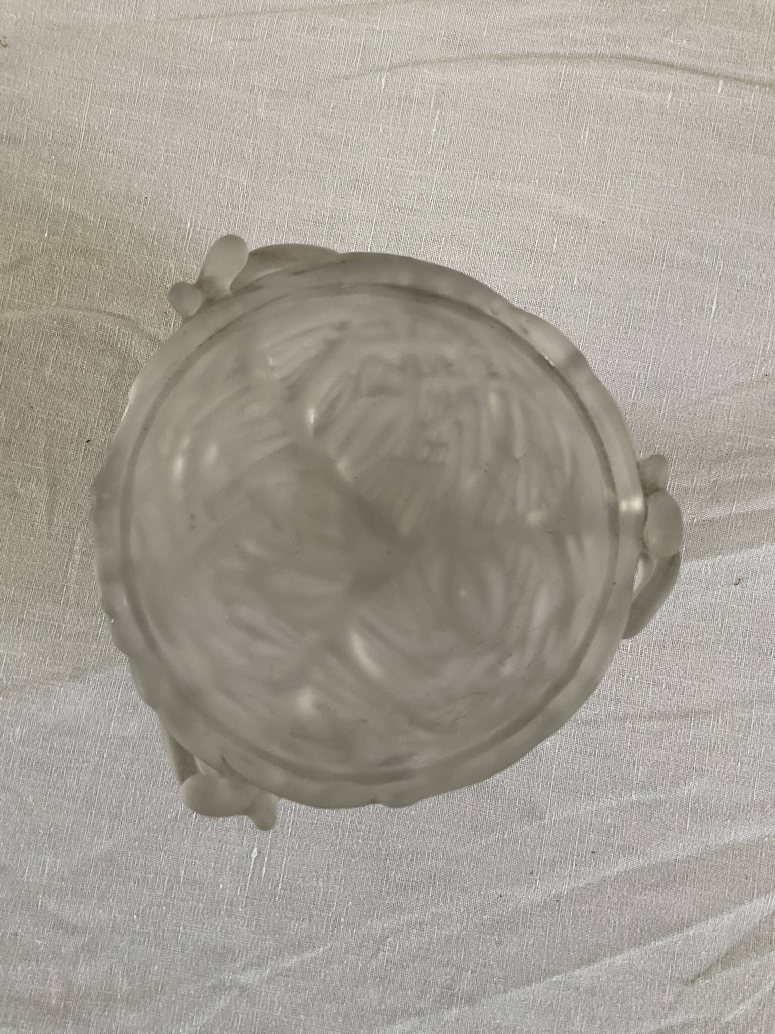 Vintage frosted glass coupe with a fruit and foliage design.