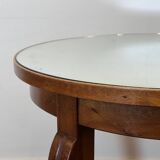 French Art Deco side table, 1930s vintage round wooden table with mirrored top