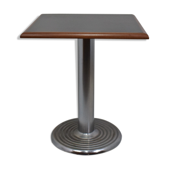 Square bistro dining table, wood, chrome and cast iron