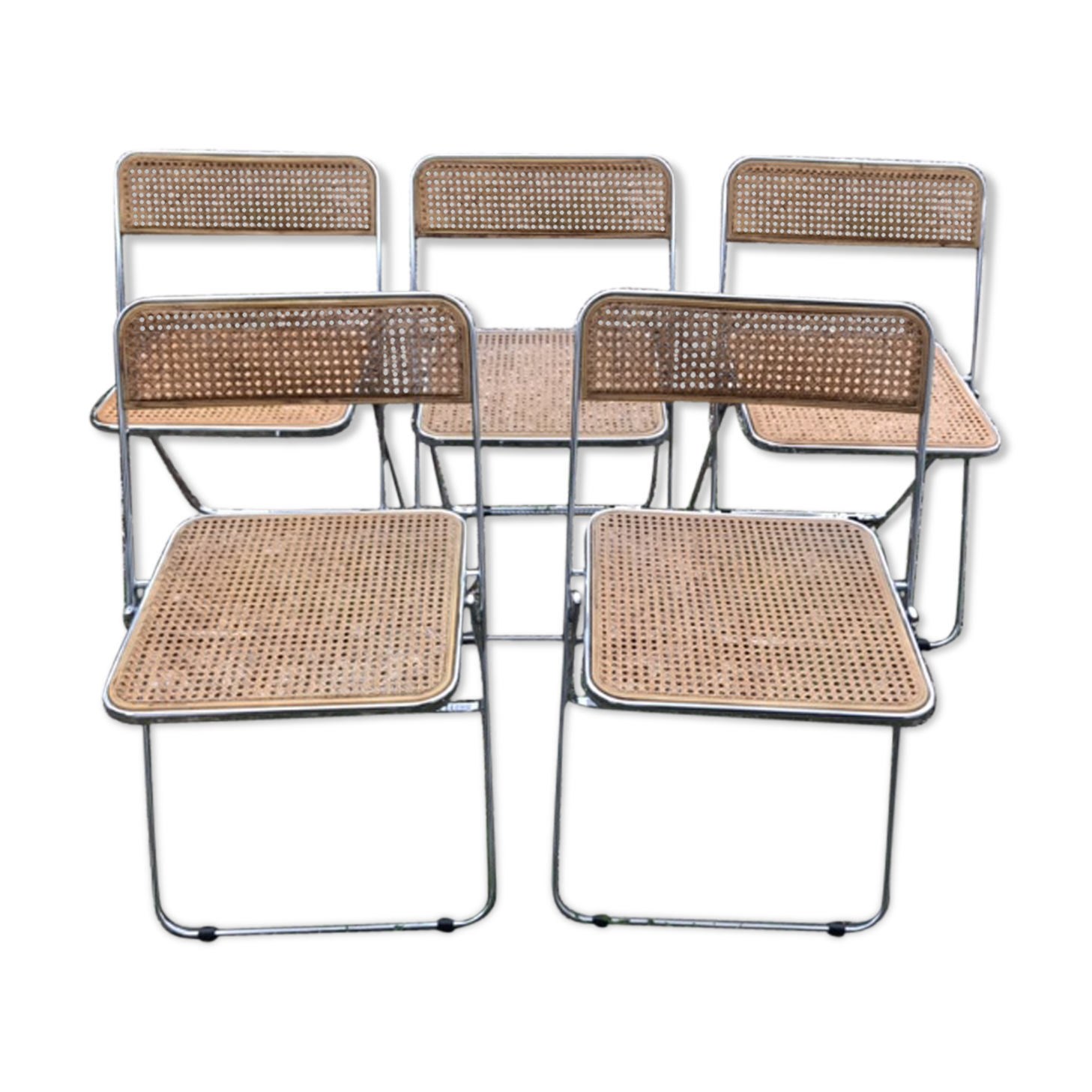 Suite de 5 chaises pliables cannages chrome 1970 Elios