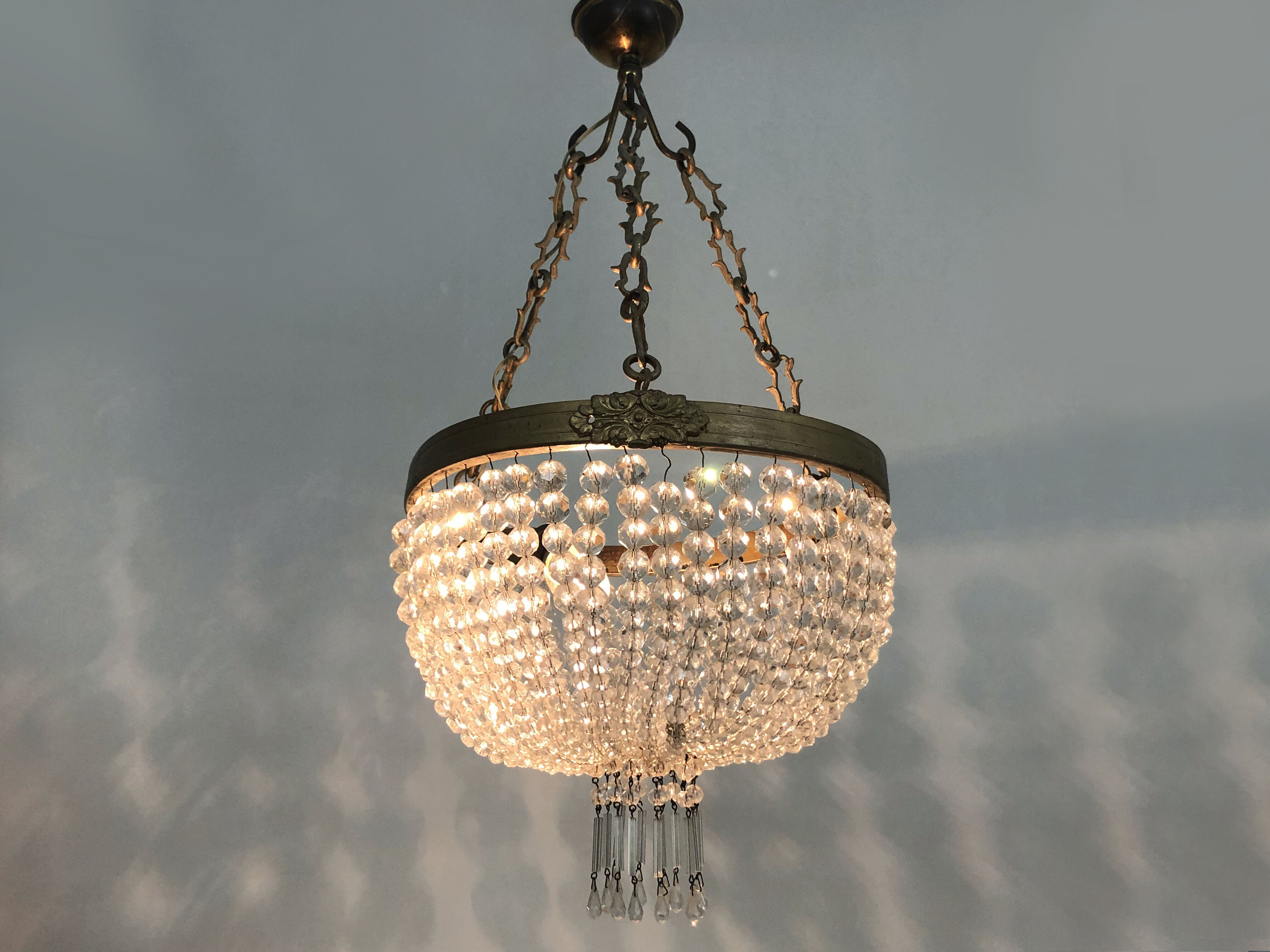 Old chandelier basket Napoleon III glass tassels, bronze structure. Chandelier tassels