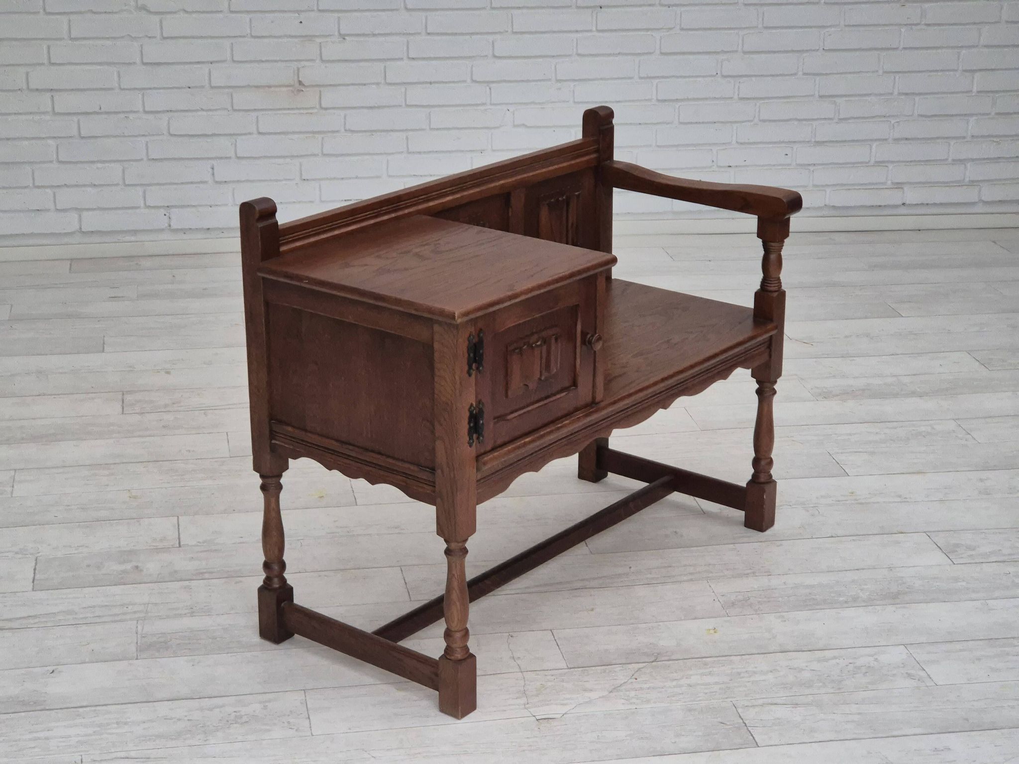 1960s, Danish bench, dark solid oak wood, plywood.