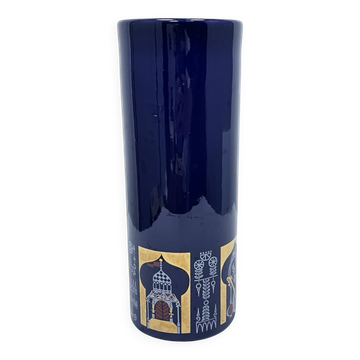 Vintage KEUCK Ceramic Vase – Turkish Mocha, Cobalt, and Gold Germany 1970