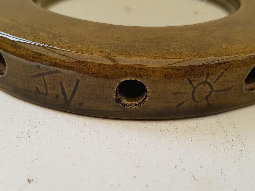 Small round mirror "J.V." 50s signed ceramic 17cm