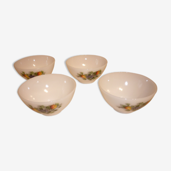 White glass Arcopal bowls with vintage fruit décor