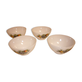 White glass Arcopal bowls with vintage fruit décor