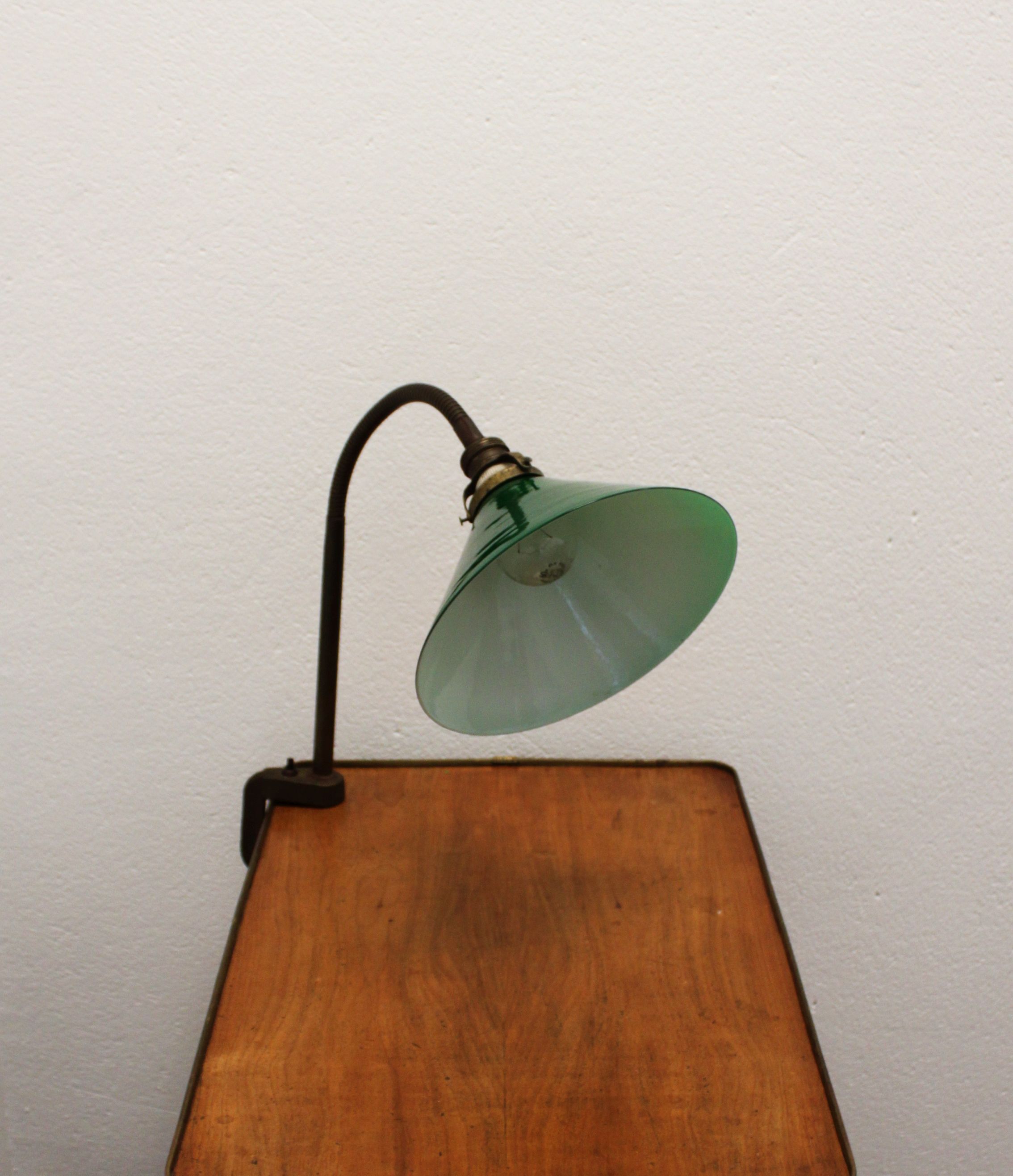 Vintage industrial vice lamp, green opaline.
