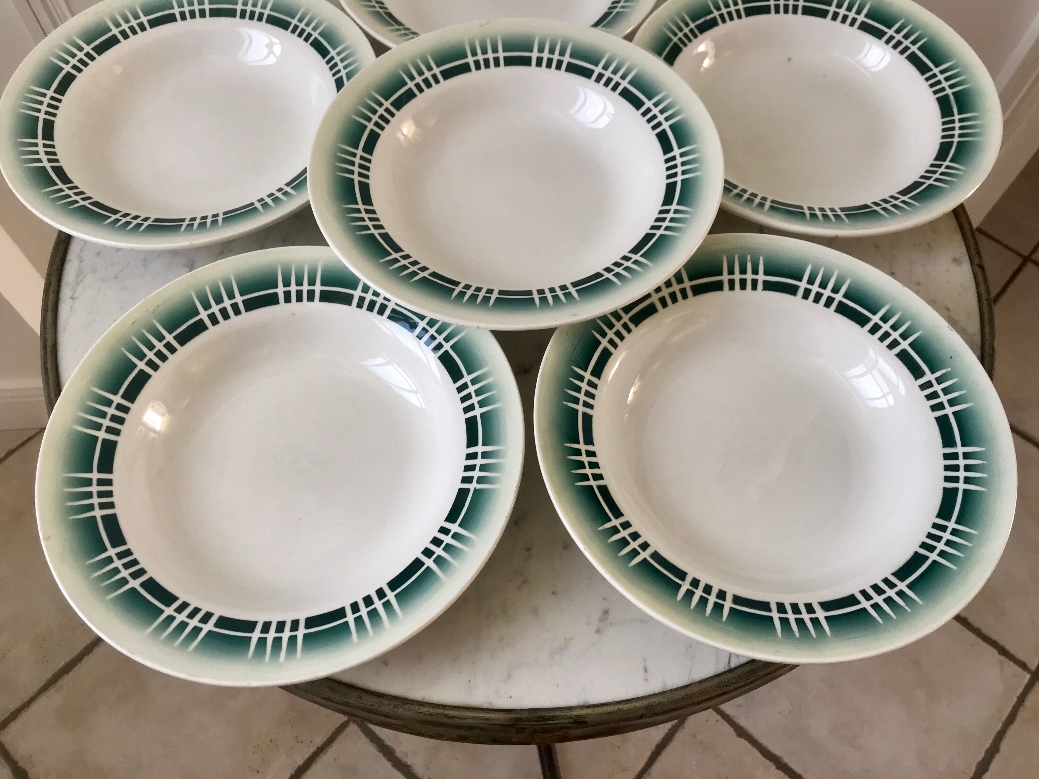 Set of 6 green hollow plates Digoin Sarreguemines 30s