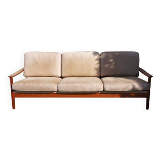 Danish Teak & Vintage Leather Convertible Sofa Bed 1960