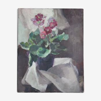 Table oil on canvas representing a small flowering plant