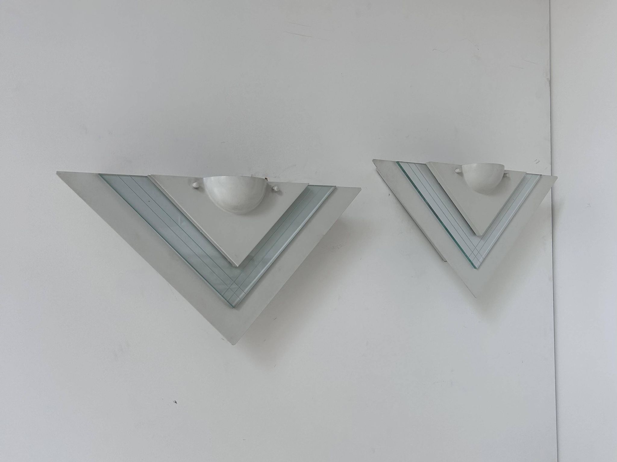 Pair of vintage wall lights, white lacquered metal and glass, Germany 1970s